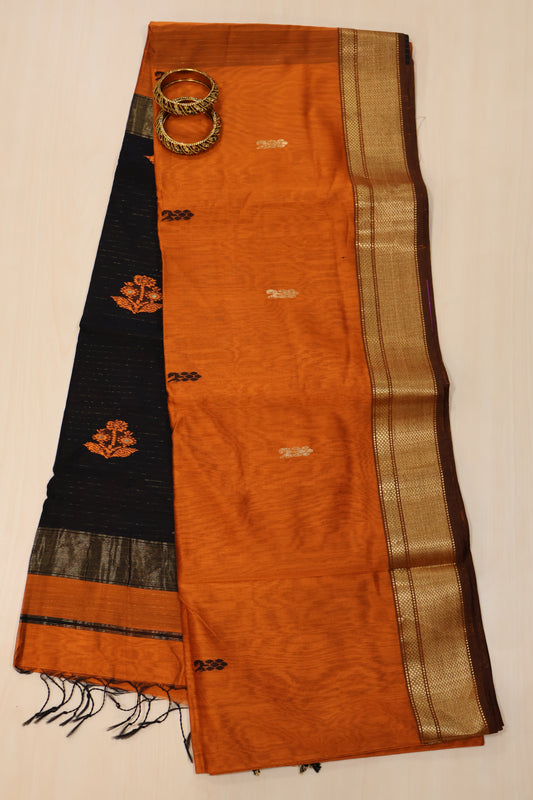 Pure Maheswari Silk Cotton saree-Honey Black Flower Border