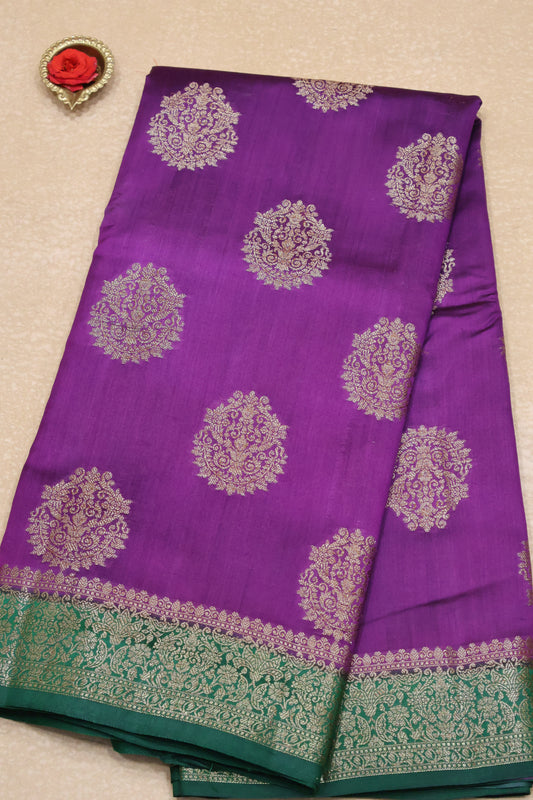 Pure Banarasi Saree Chiniya Silk with Contrast Pallu-Purple