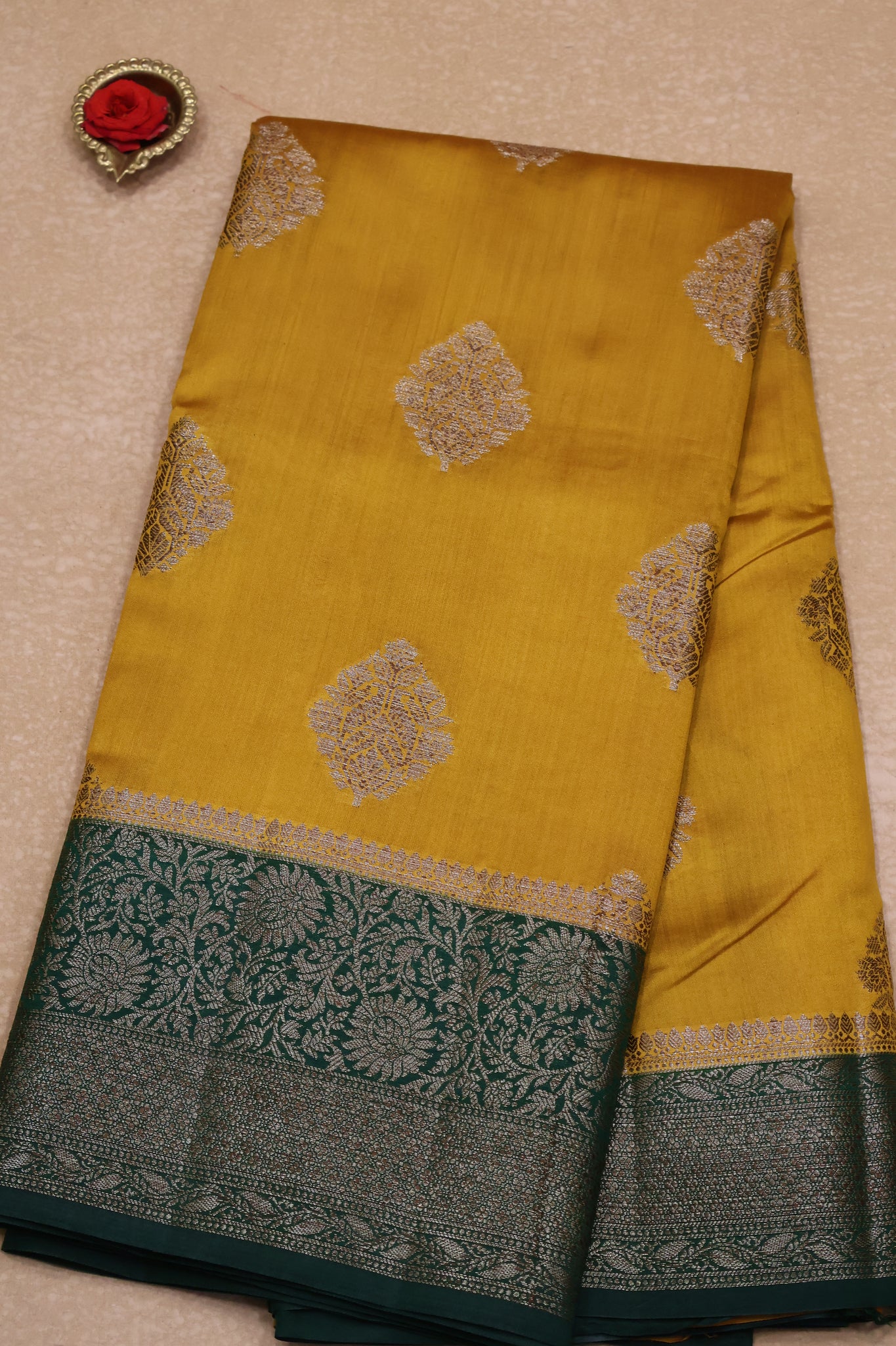 Pure Banarasi Saree Chiniya Silk with Contrast Pallu-Mustard