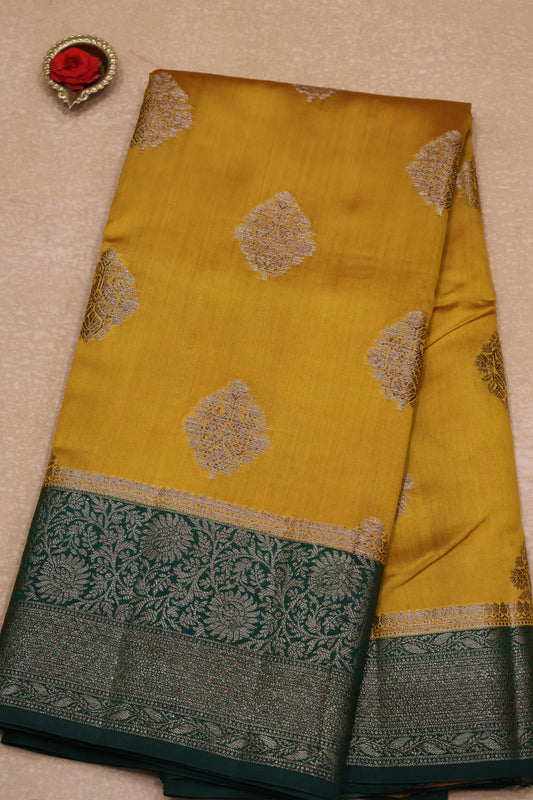Pure Banarasi Saree Chiniya Silk with Contrast Pallu-Mustard