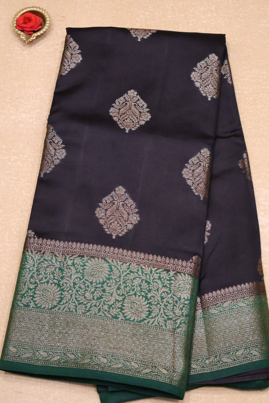 Pure Banarasi Saree Chiniya Silk with Contrast Pallu-Black