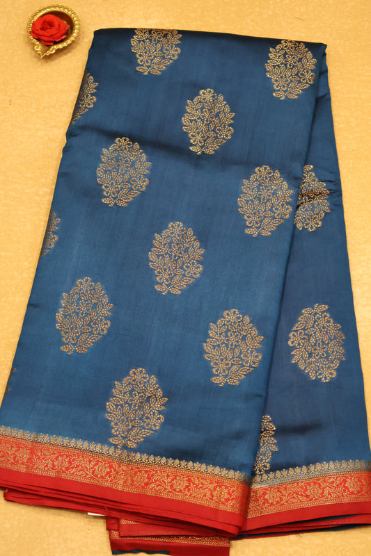 Pure Banarasi Saree Chiniya Silk with Contrast Pallu-Blue