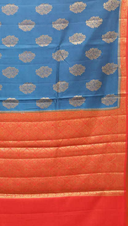 Pure Banarasi Saree Chiniya Silk with Contrast Pallu-Blue