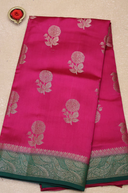 Pure Banarasi Saree Chiniya Silk with Contrast Pallu-Rani Pink
