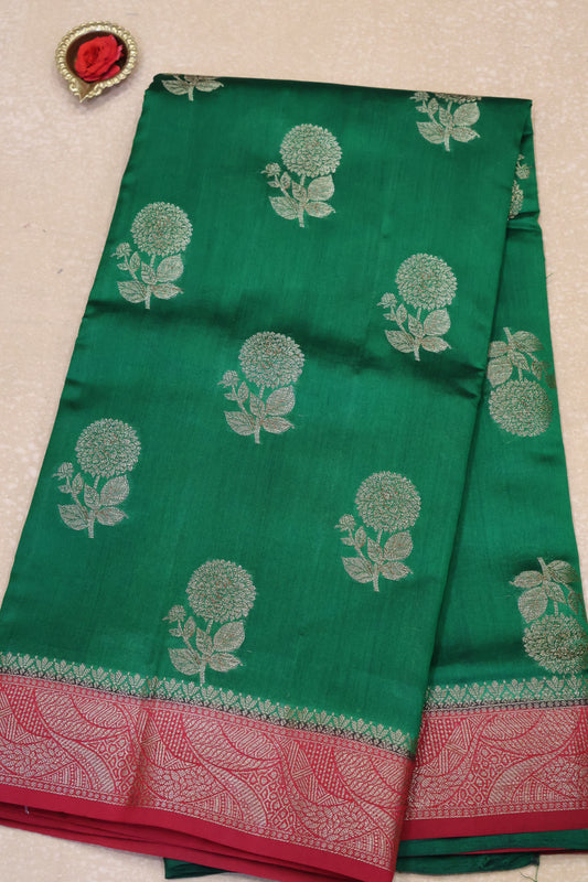Pure Banarasi Saree Chiniya Silk with Contrast Pallu-Green