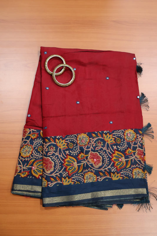 Malai Cotton Saree-Red Blue Lotus Pattern