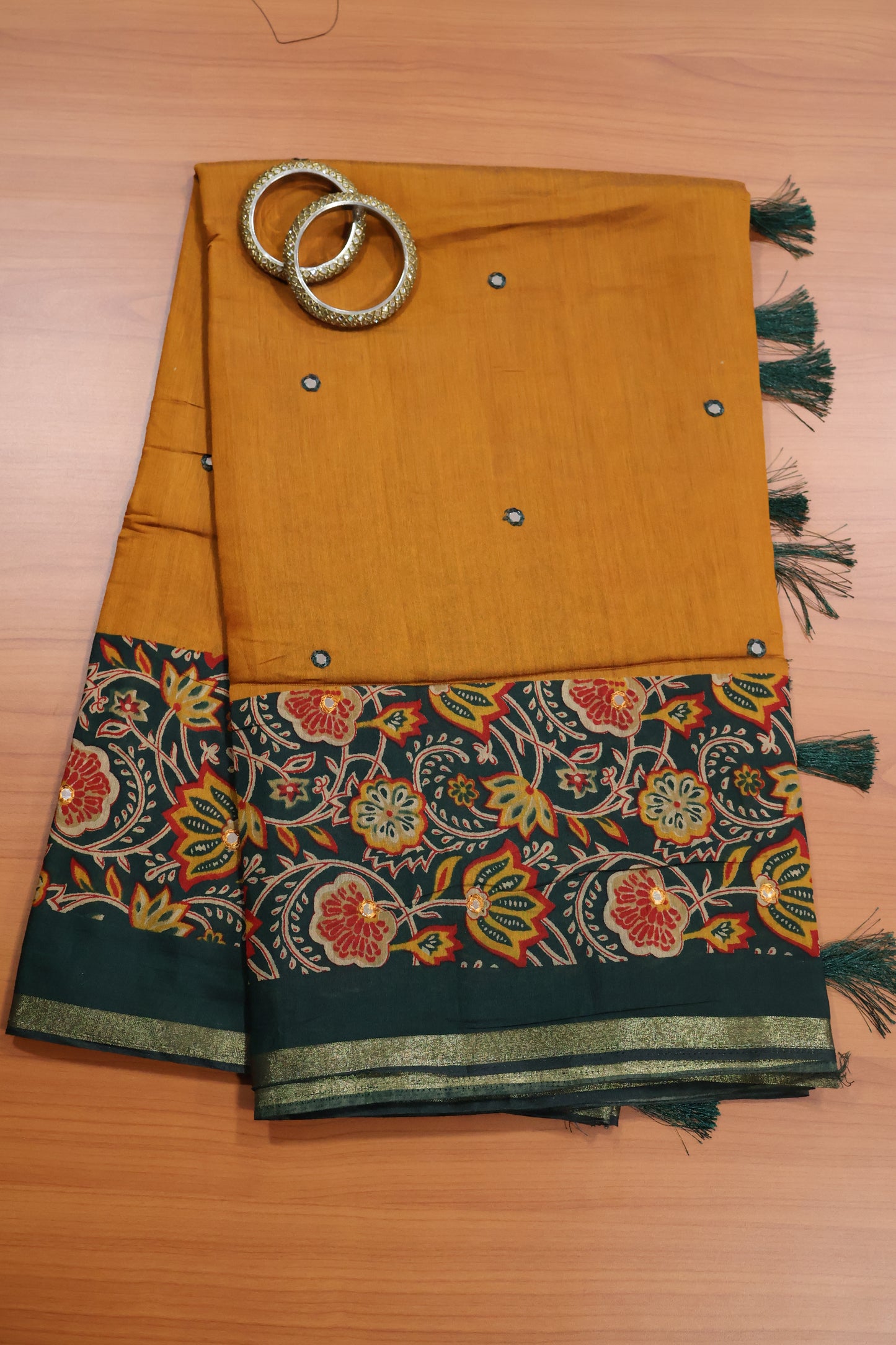 Malai Cotton Saree-Mustard Lotus Pattern