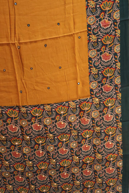 Malai Cotton Saree-Mustard Lotus Pattern