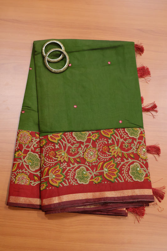 Malai Cotton Saree-Sage Green Lotus Pattern