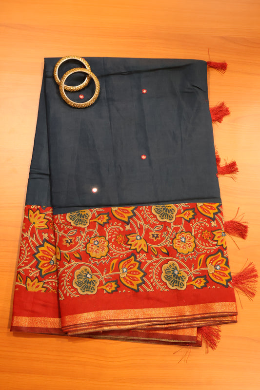 Malai Cotton Saree-Peacock Blue Lotus Pattern