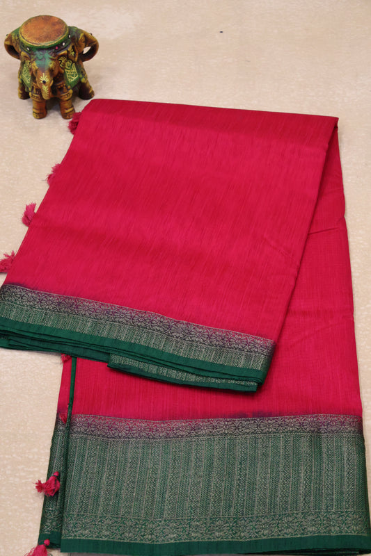 Bamboo Silk Saree- Rani Pink-Green