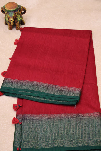 Bamboo Silk Saree-Red-Green