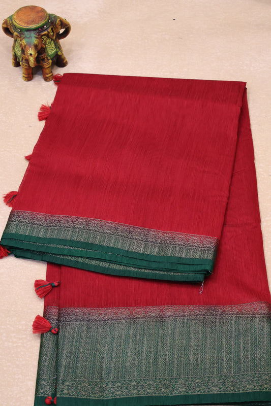 Bamboo Silk Saree-Red-Green