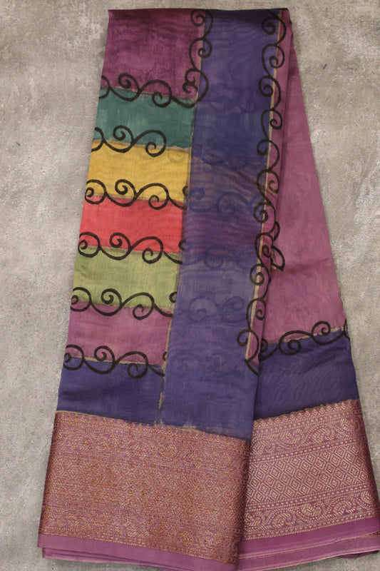 Chanderi Silk Cotton Saree-Navy blue-Lavender