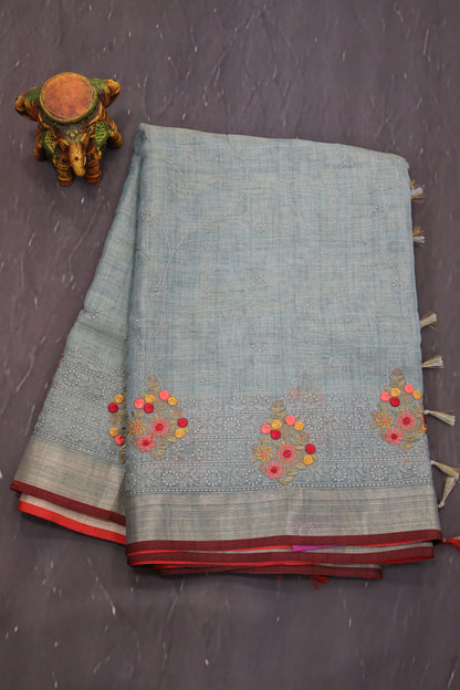 Tissue Linen Saree -Sea Blue