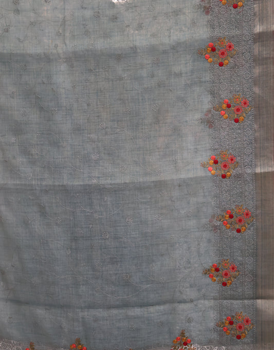 Tissue Linen Saree -Sea Blue