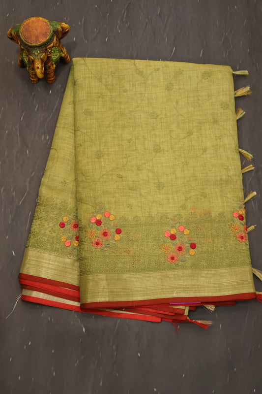 Tissue Linen Saree -Lite Green