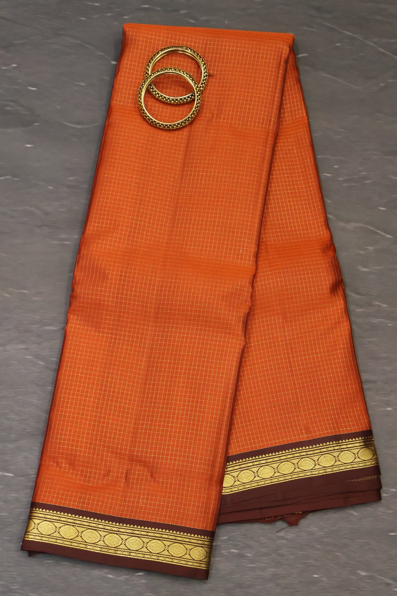 Pure Kanchipuram Silk Saree -Honey Mini Checks