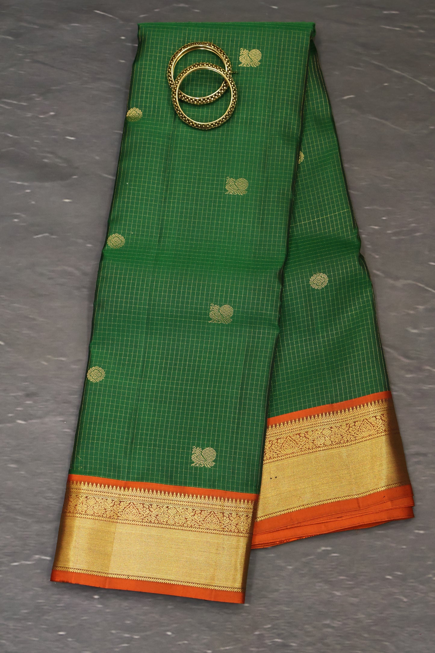Pure Kanjivaram Silk Saree -Green Mini Checks