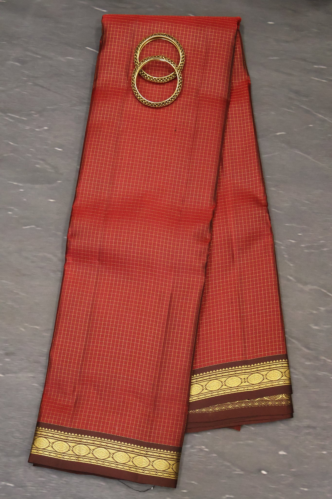 Pure Kanchipuram Silk Saree -Maroon Mini Checks