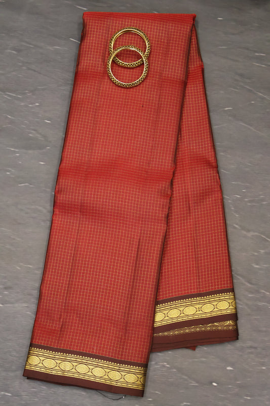 Pure Kanjivaram Silk Saree -Maroon Mini Checks