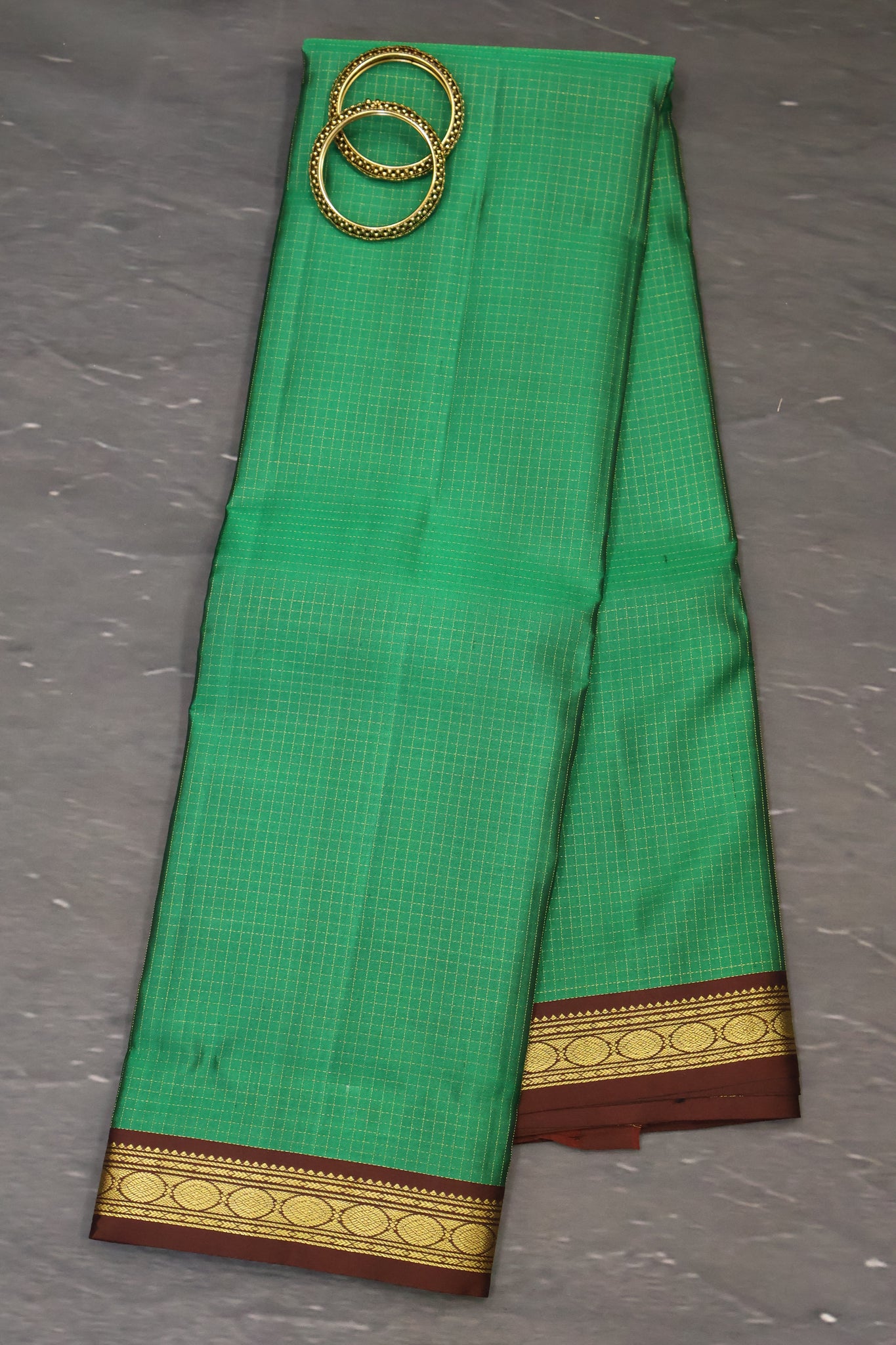 Pure Kanchipuram Silk Saree -Green Mini Checks