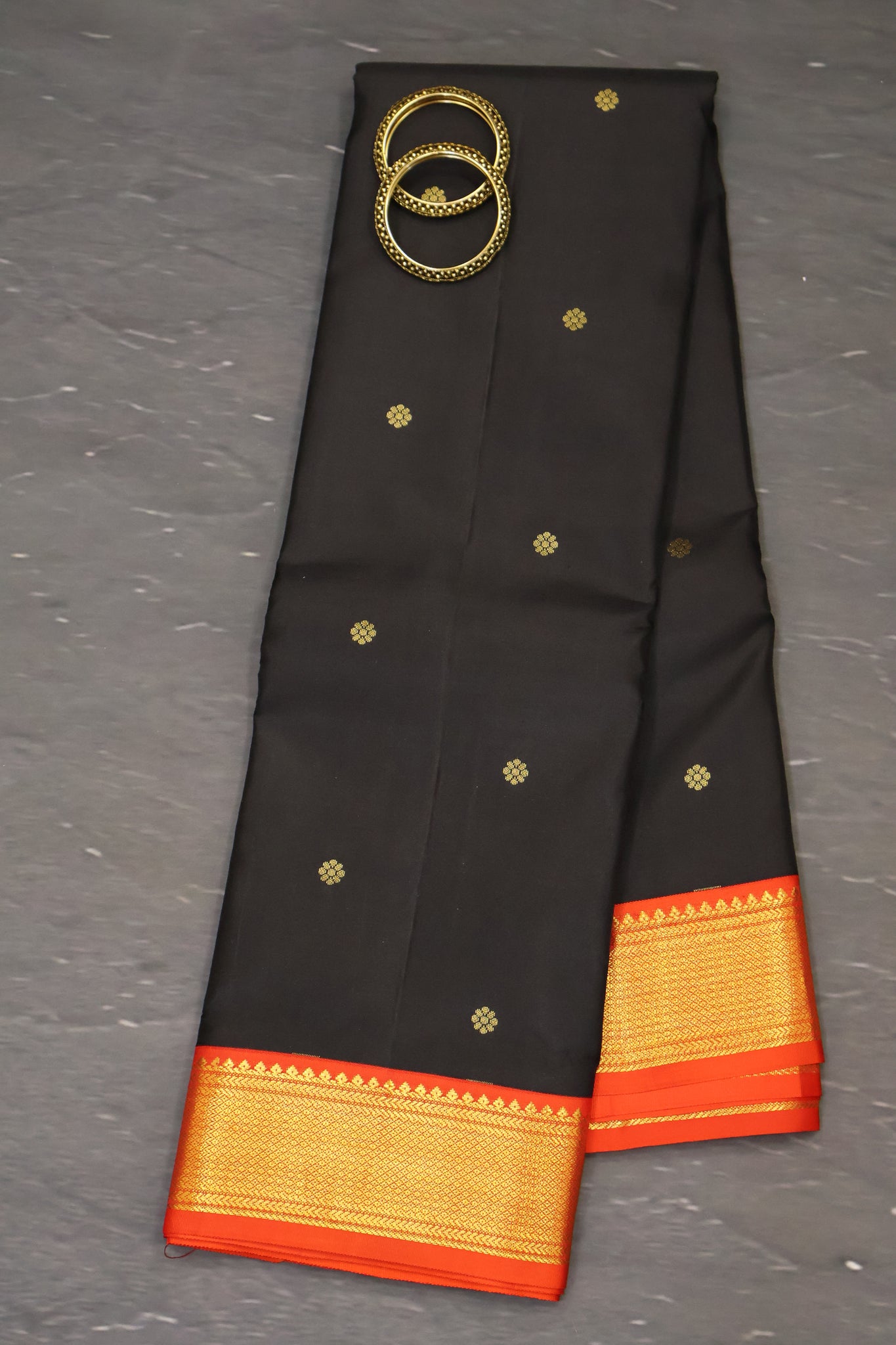 Pure Kanchipuram Silk Saree -Black Orange