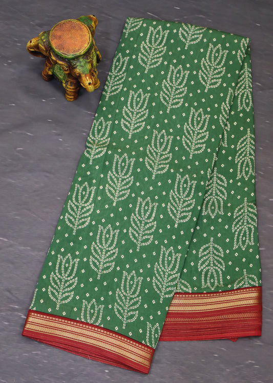 Viscose Saree- Green Lotus Bandhini Print