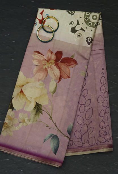 Tussar Silk Saree-Purple Digital Floral Print