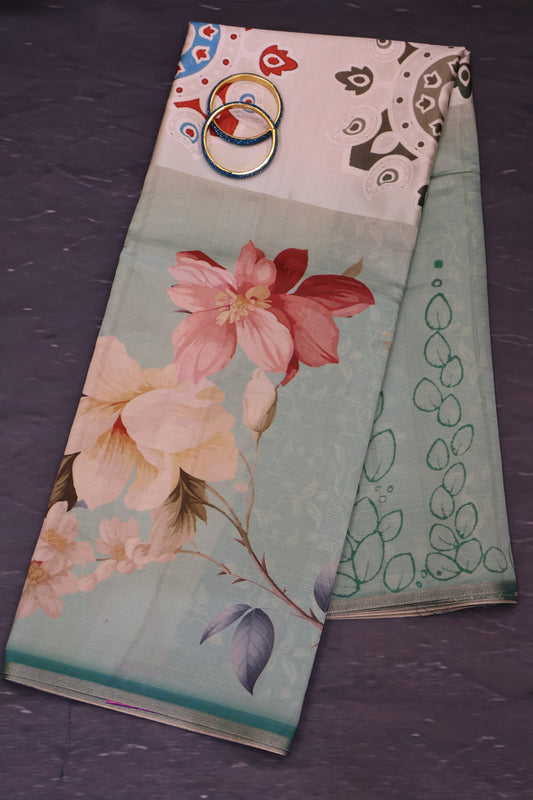 Tussar Silk Saree-Green Digital Floral Print