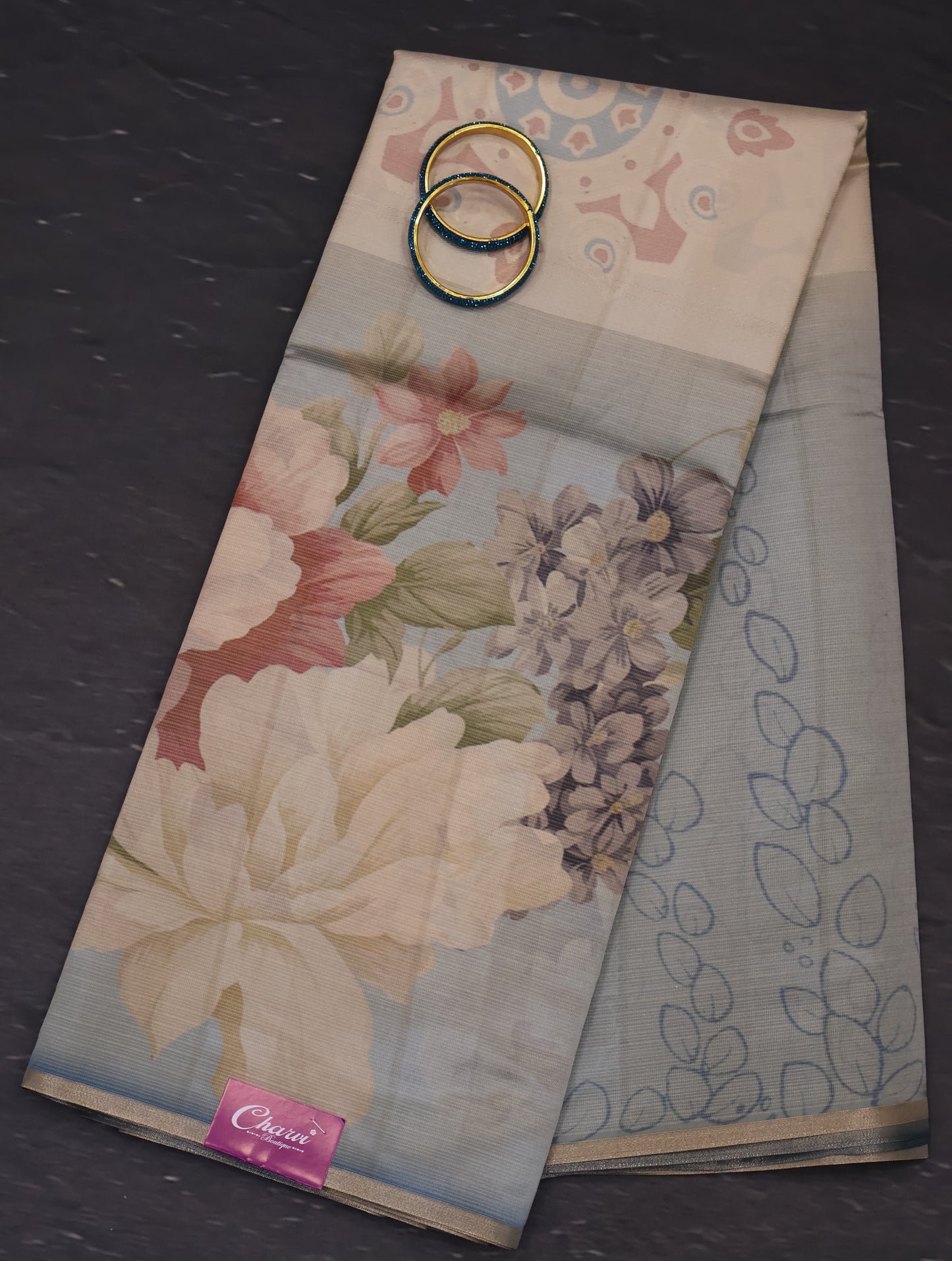 Tussar Silk Saree-Blue Digital Floral Print