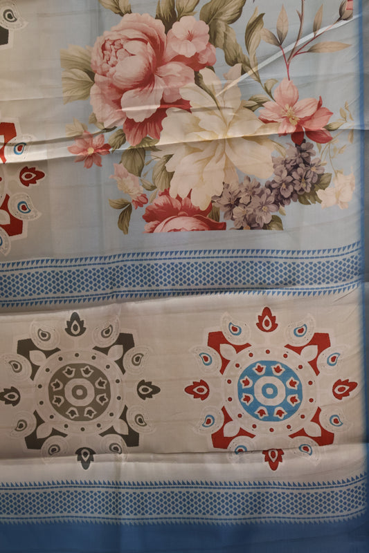 Tussar Silk Saree-Blue Digital Floral Print