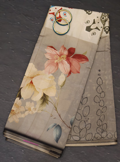 Tussar Silk Saree-Black Digital Floral Print