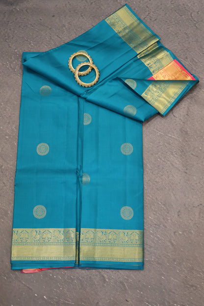 Pure Kanjivaram Silk Saree -Round Butta-Blue