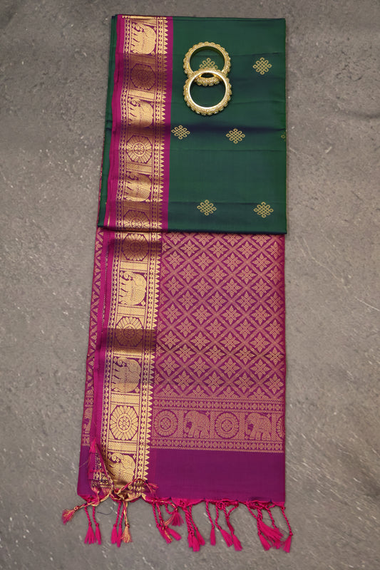 Pure Soft Silk Saree -Dark Green With Magenta