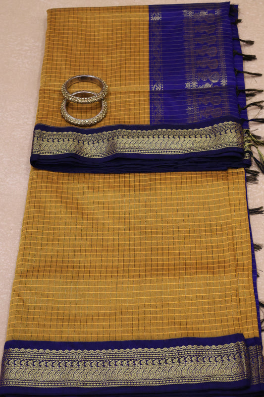Kalyani Cotton-Checkred Pattern Mustard-Blue