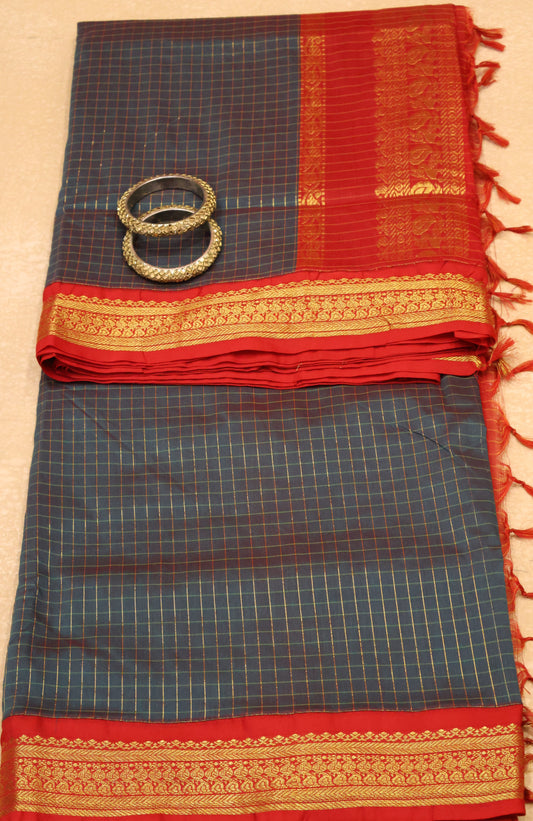 Kalyani Cotton-Checkred Pattern Peacock-Blue
