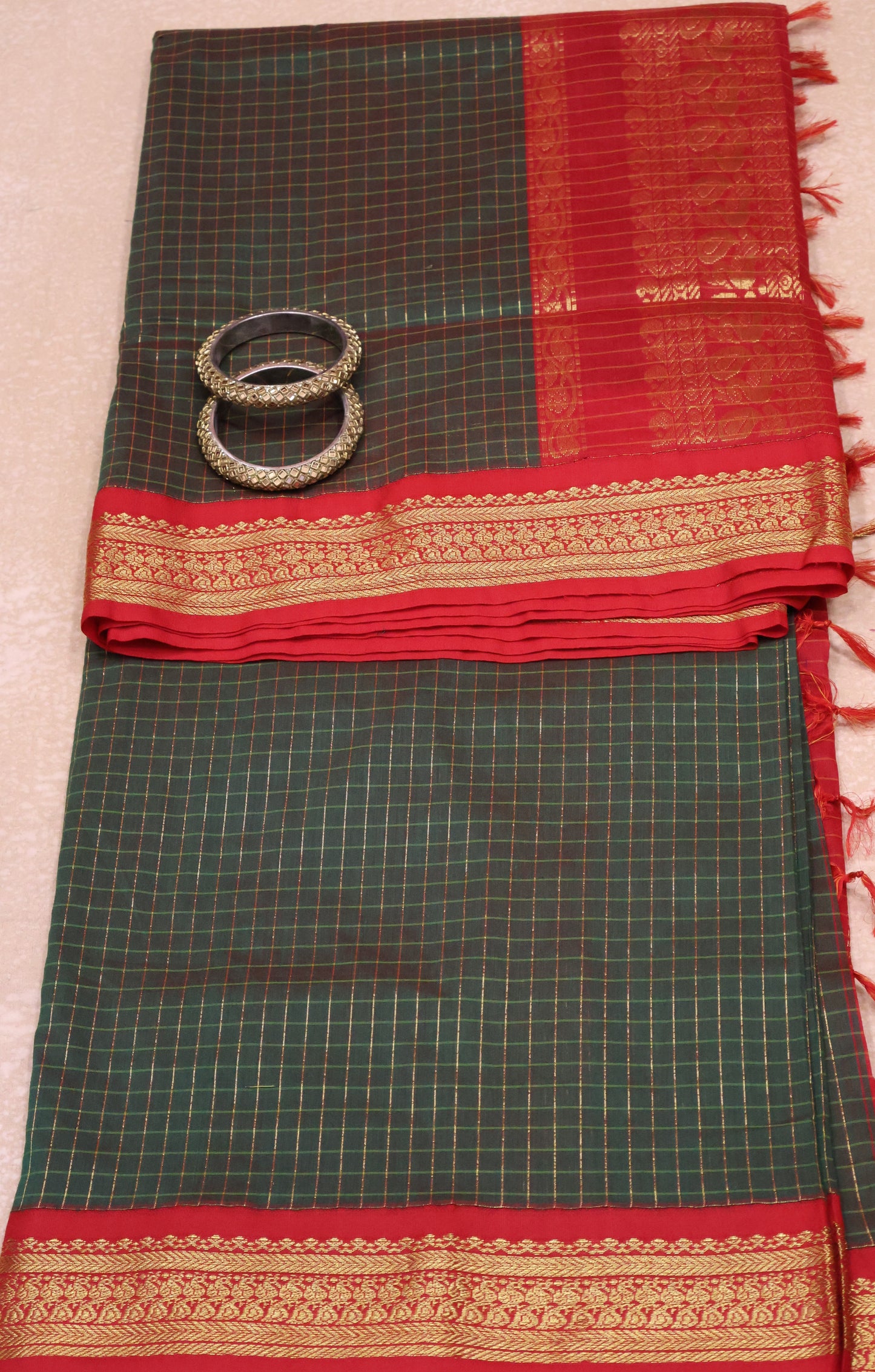 Kalyani Cotton-Checkred Forest-Green