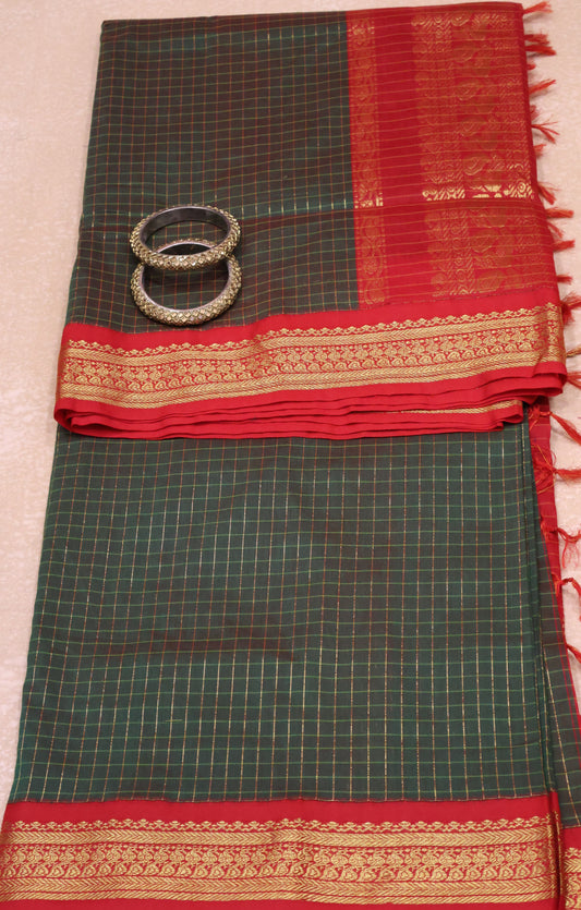 Kalyani Cotton-Checkred Forest-Green