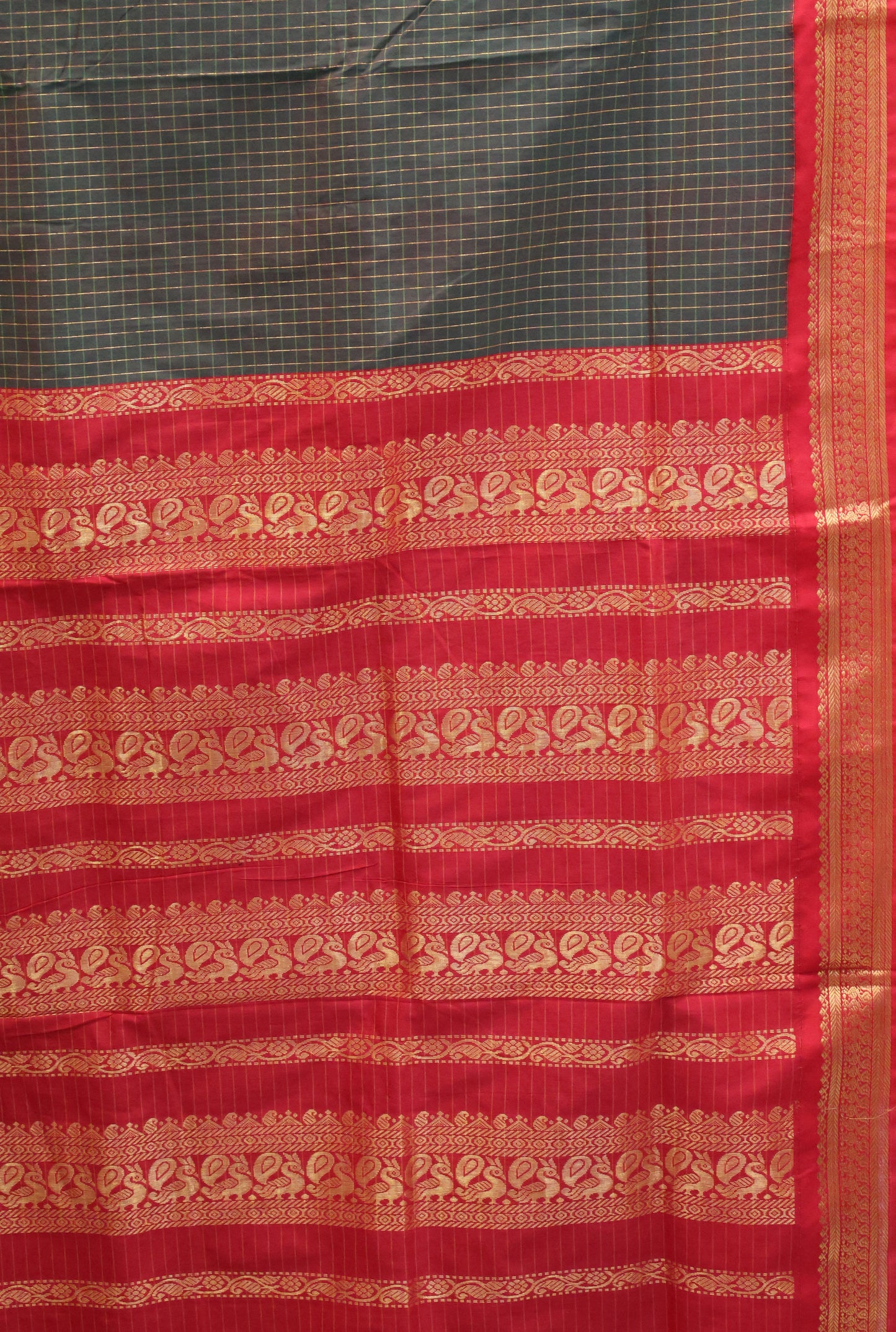 Kalyani Cotton-Checkred Forest-Green