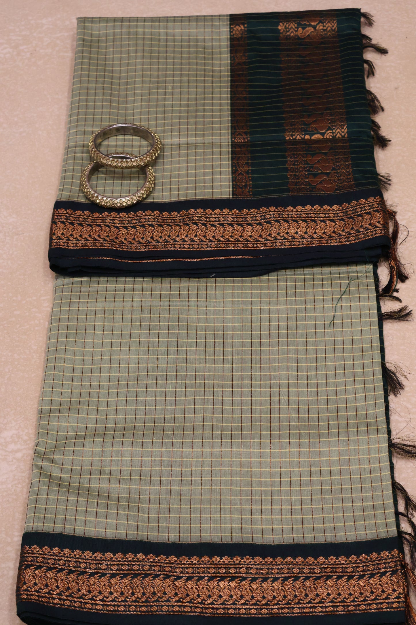 Kalyani Cotton-Checkred  LT Olive-Copper