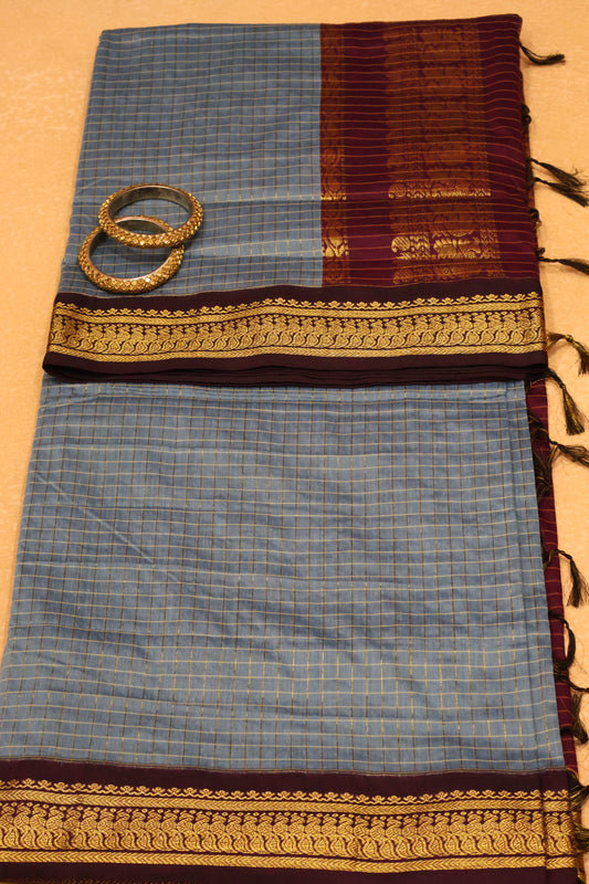 Kalyani Cotton-Checkred Sky Blue
