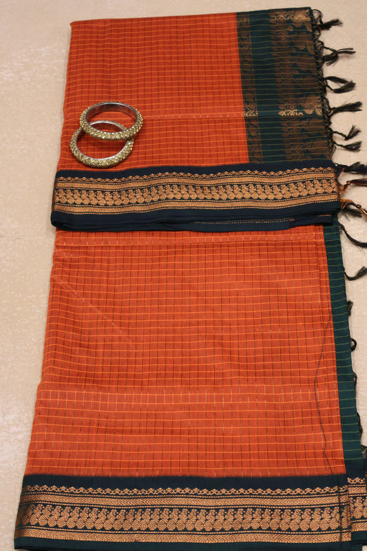 Kalyani Cotton-Checkred Dark Orange