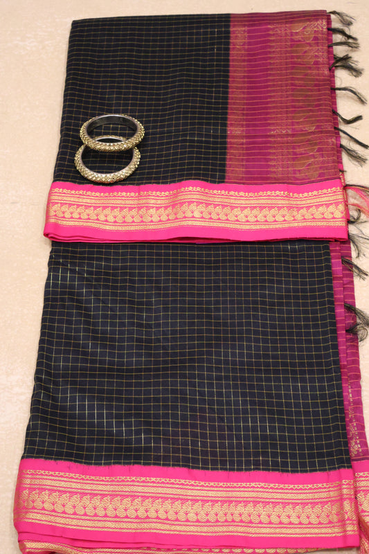 Kalyani Cotton-Checkred Black