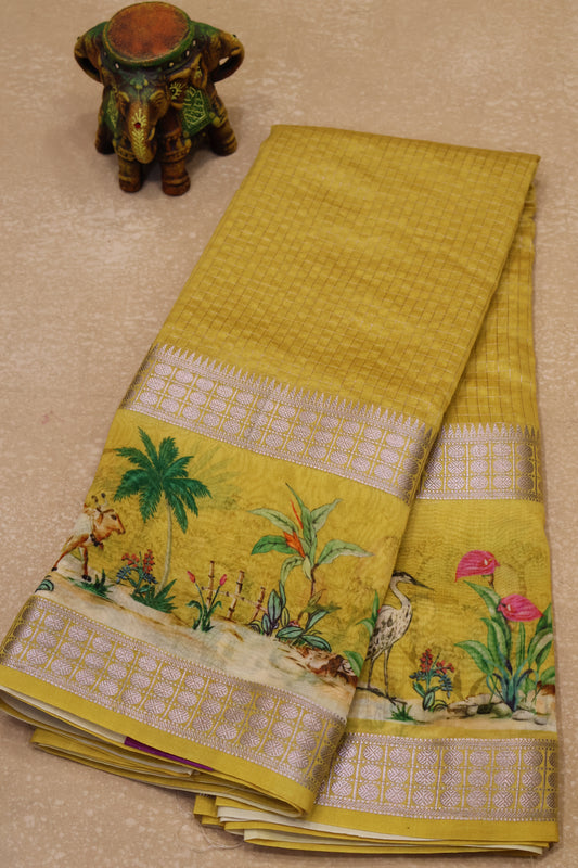 Chanderi Saree Pichwai Print -Yellow