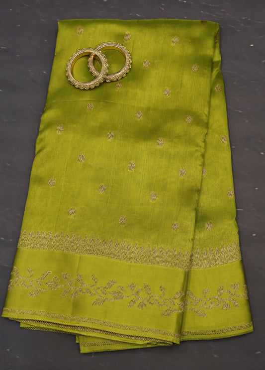 Banarasi Tussar Saree-Lite Green Round Butta