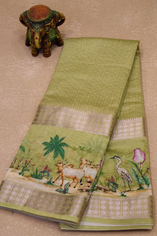 Chanderi Saree Pichwai Print -Lemon Yellow
