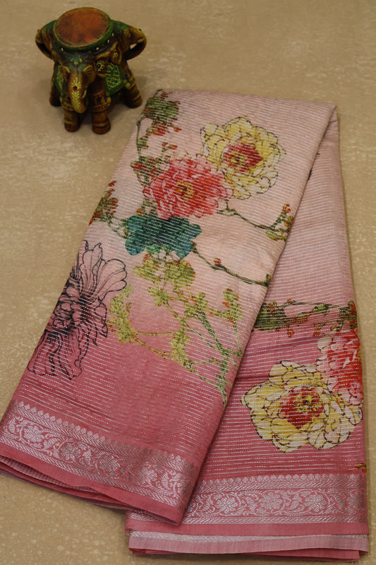 Chanderi Saree Pichwai Print -Pink Zari Line