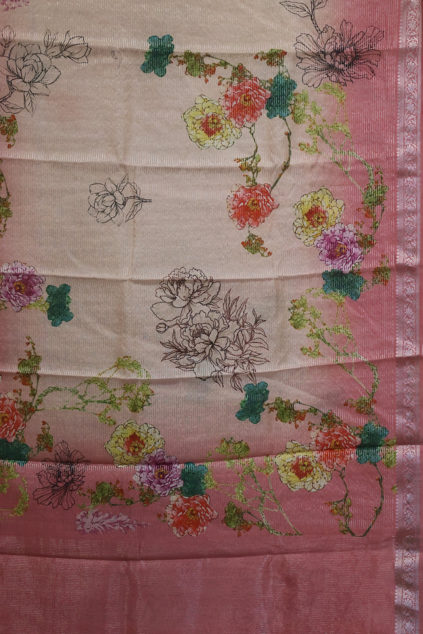 Chanderi Saree Pichwai Print -Pink Zari Line