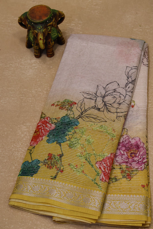 Chanderi Saree Pichwai Print -Yellow Zari Line